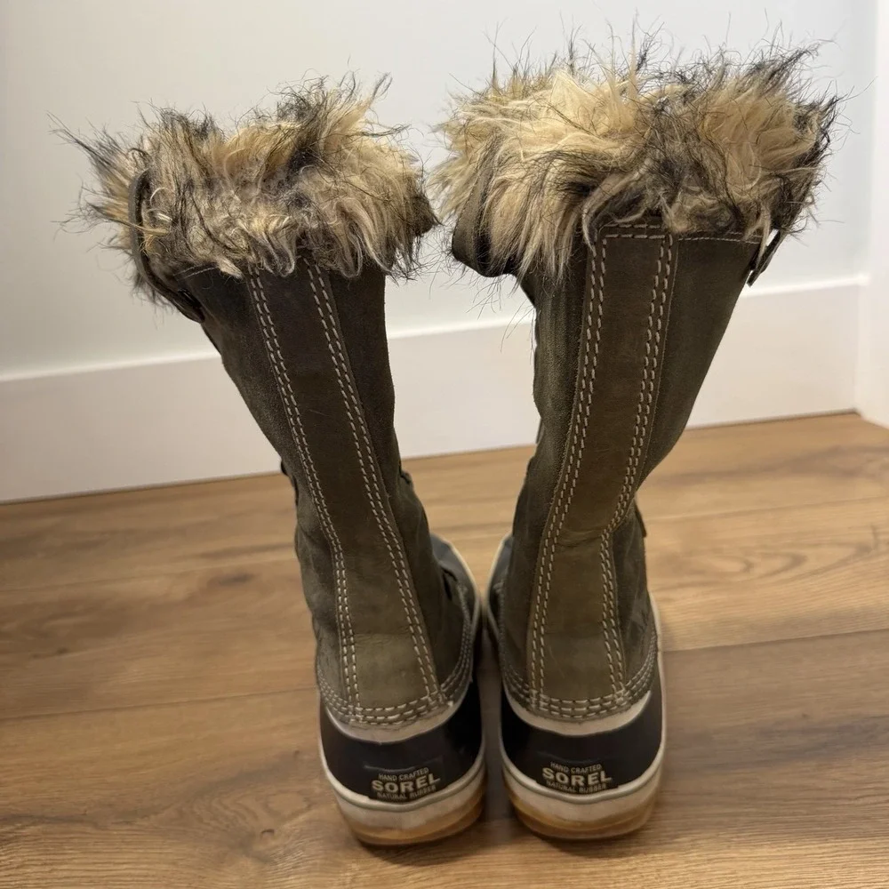 Sorel Waterproof Winter Boots Womens 7 Olive Leather Faux Fur‎ Tall Snow Boots